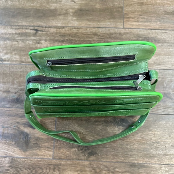 Hand Tooled Green Leather Handbag, Green Boho Embossed Floral Bag - Picture 3 of 8